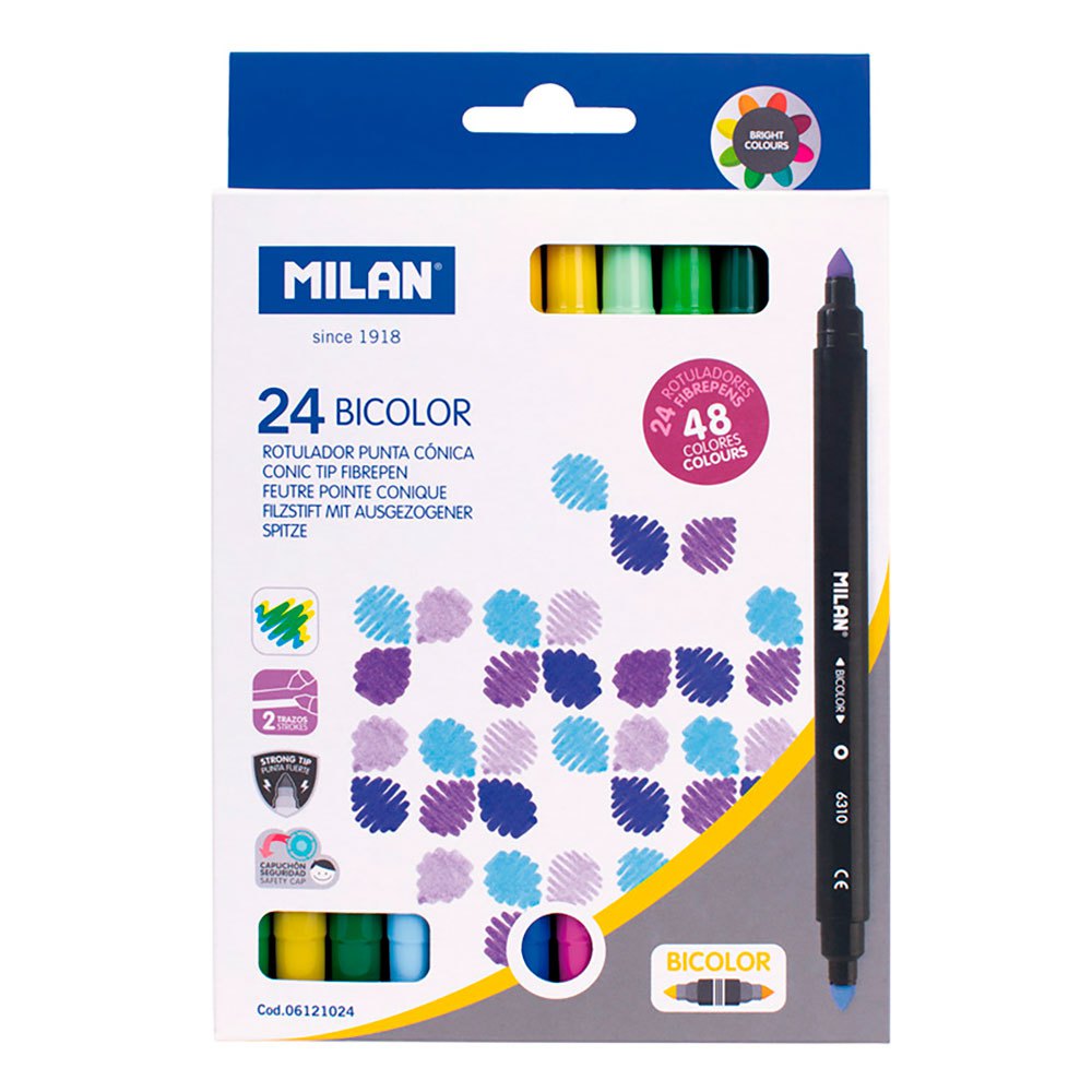 milan box 24 bicolour conical tip fibrepens multicolore