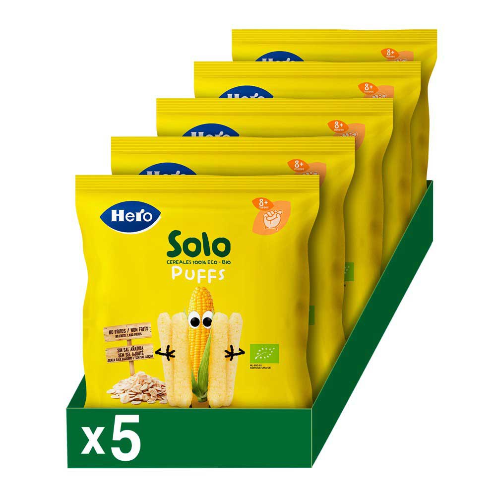 hero solo 100% organic corn and oat snack puff box for babies from 8 months 25g 5 units jaune