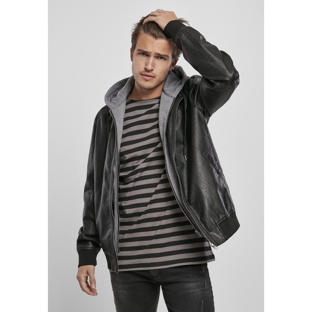 urban classics hooded jacket fleece fake leather noir m homme