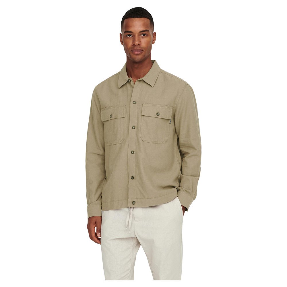 only & sons long sleeve kennet life linen overshirt beige s homme