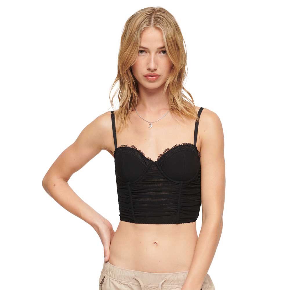 superdry ruched mesh crop corset sleeveless t-shirt noir xs femme