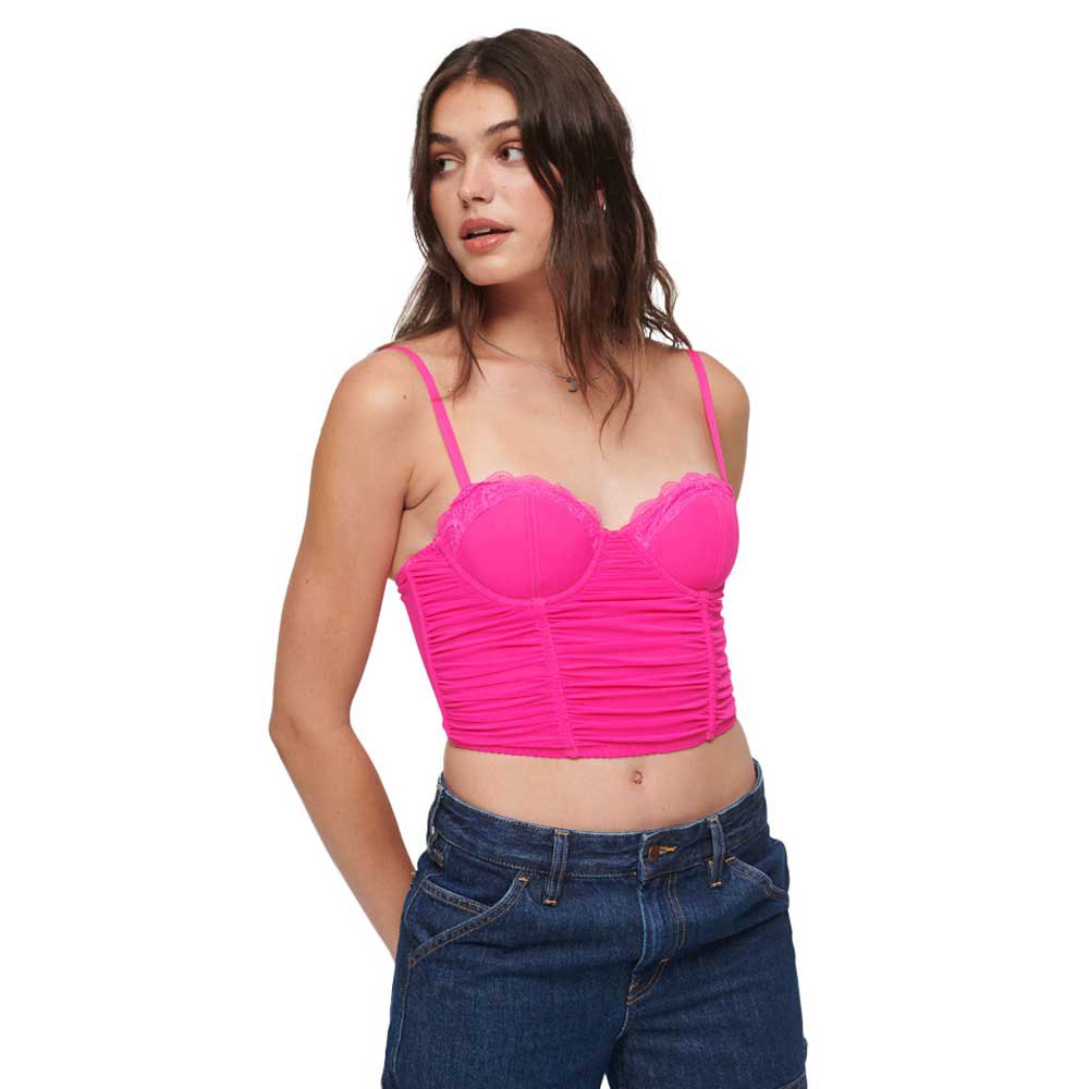 superdry ruched mesh crop corset sleeveless t-shirt rose m femme