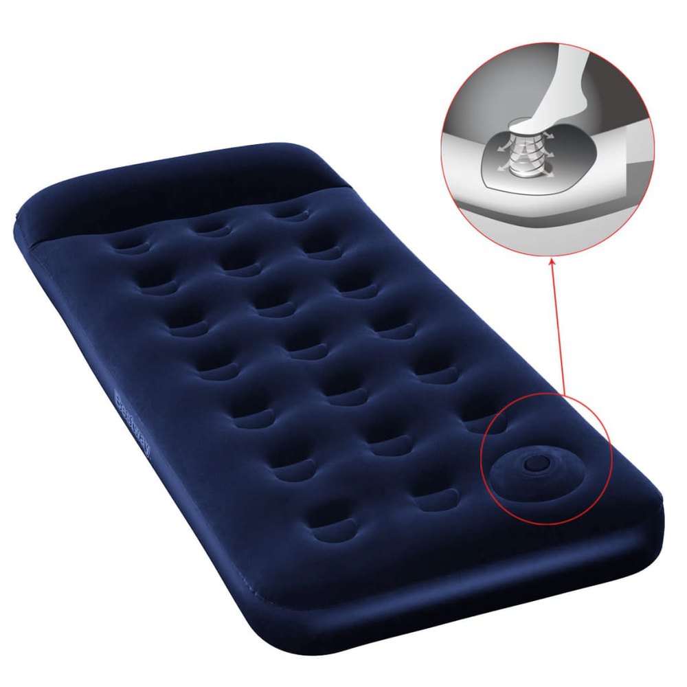 bestway inflatable flocked airbed with built-in foot pump bleu 185 x 76 x 28 cm