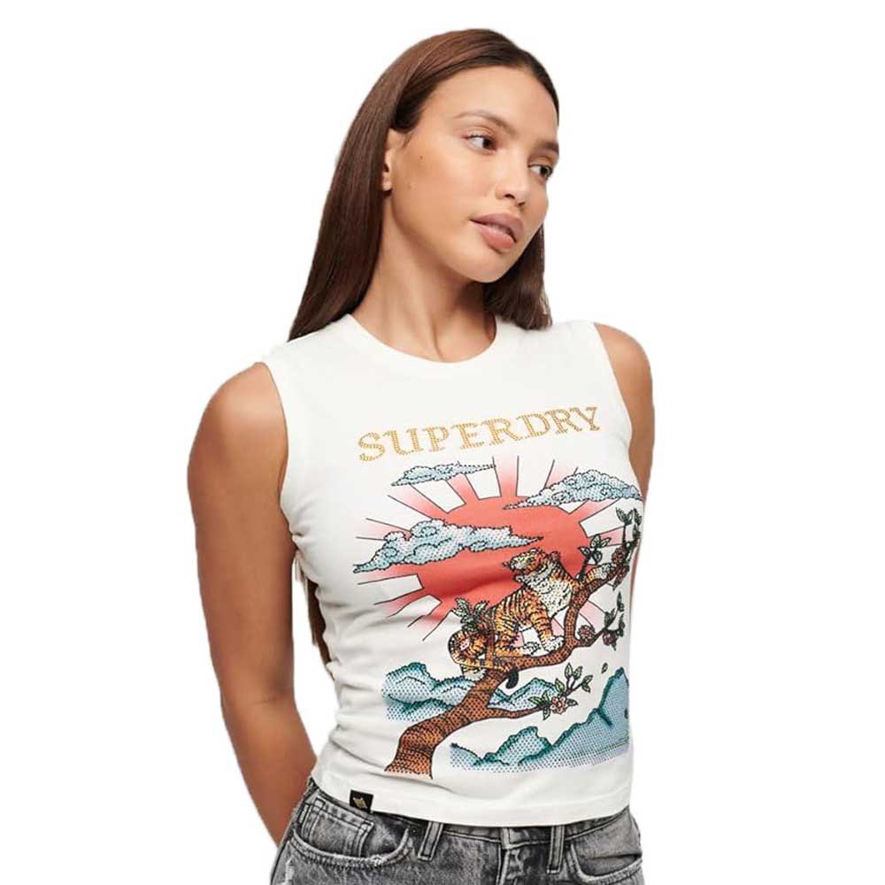 Superdry Tattoo Rhinestone Tank Sleeveless T-shirt Hvid 2XS Kvinde