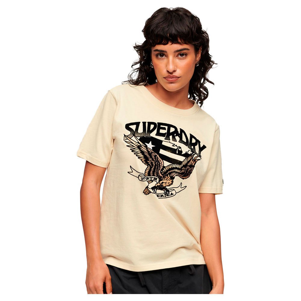 Superdry 70´s Lo-fi Graphic Band Short Sleeve T-shirt Beige 2XS Kvinde