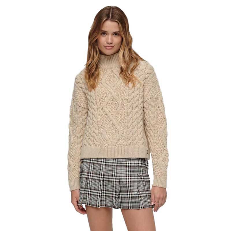 Superdry Aran Cable Knit High Neck Sweater Beige XS Kvinde